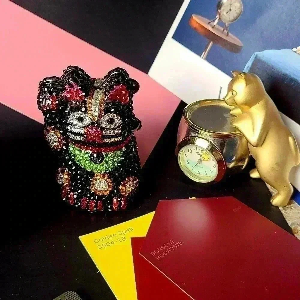 Rhinestones black lucky cat trinket box jewelry box small size good luck kitten - Picture 6 of 15